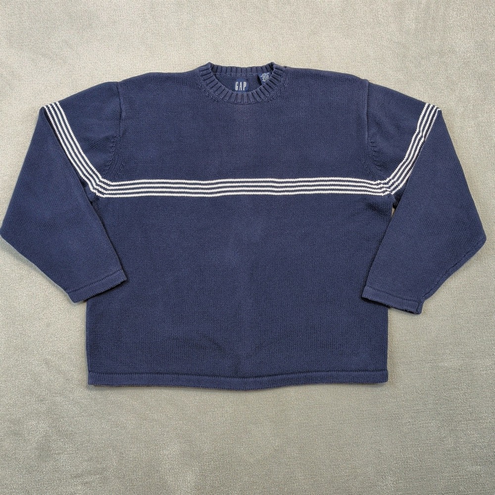 Gap Sweater Mens XXL Vintage 90s Navy Blue White Striped Crewneck Cotton Knit